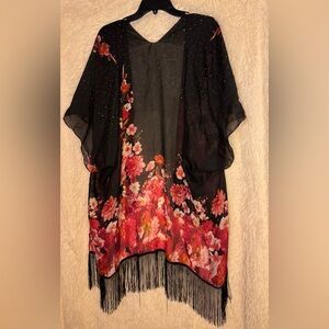 Jessica McClintock Floral Chiffon Fringe Kimono Wrap Rhinestone Detail  One Size